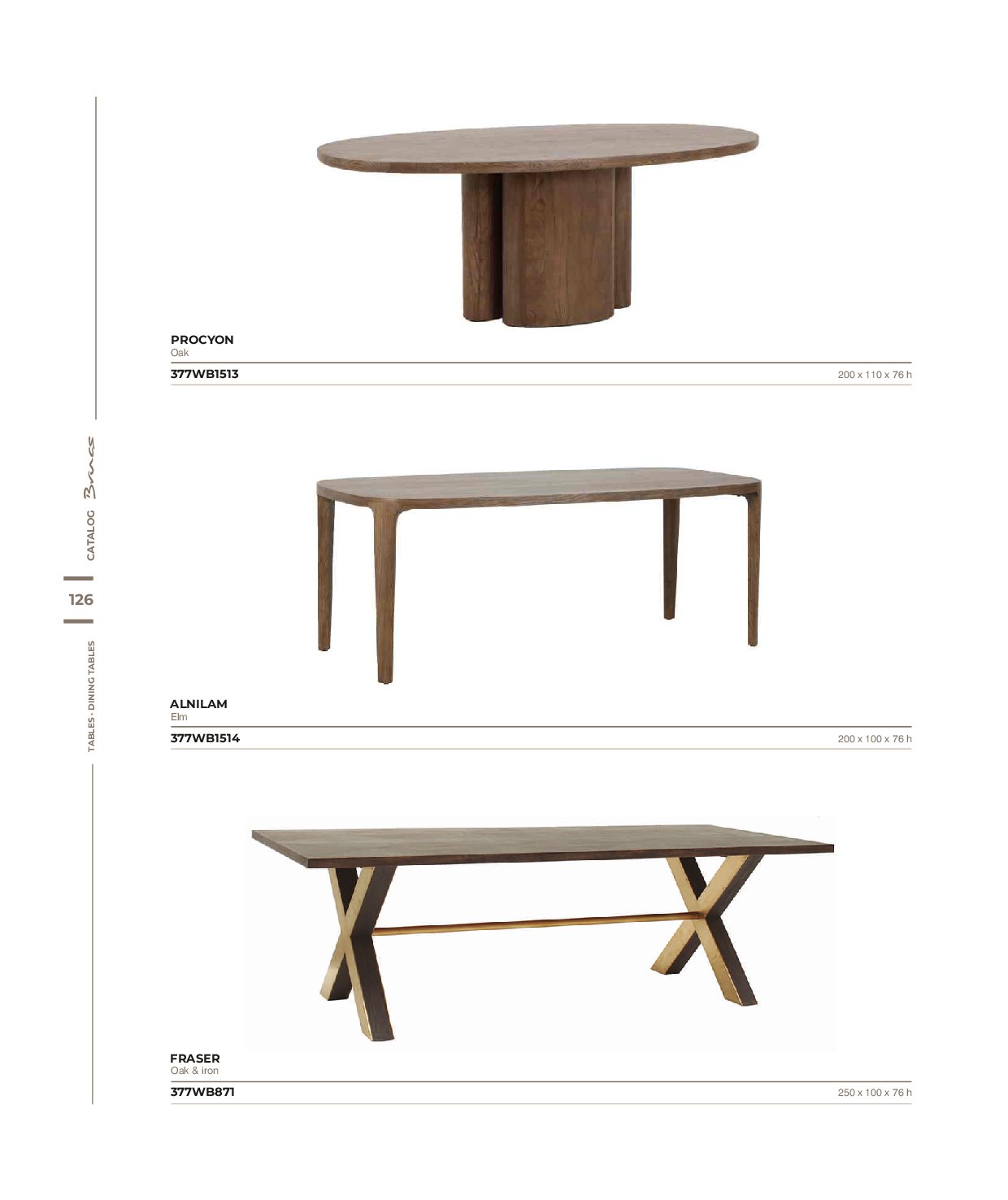 Brucs 2026 Catalog Page 123 — Travertine and Solid Oak Dining Tables